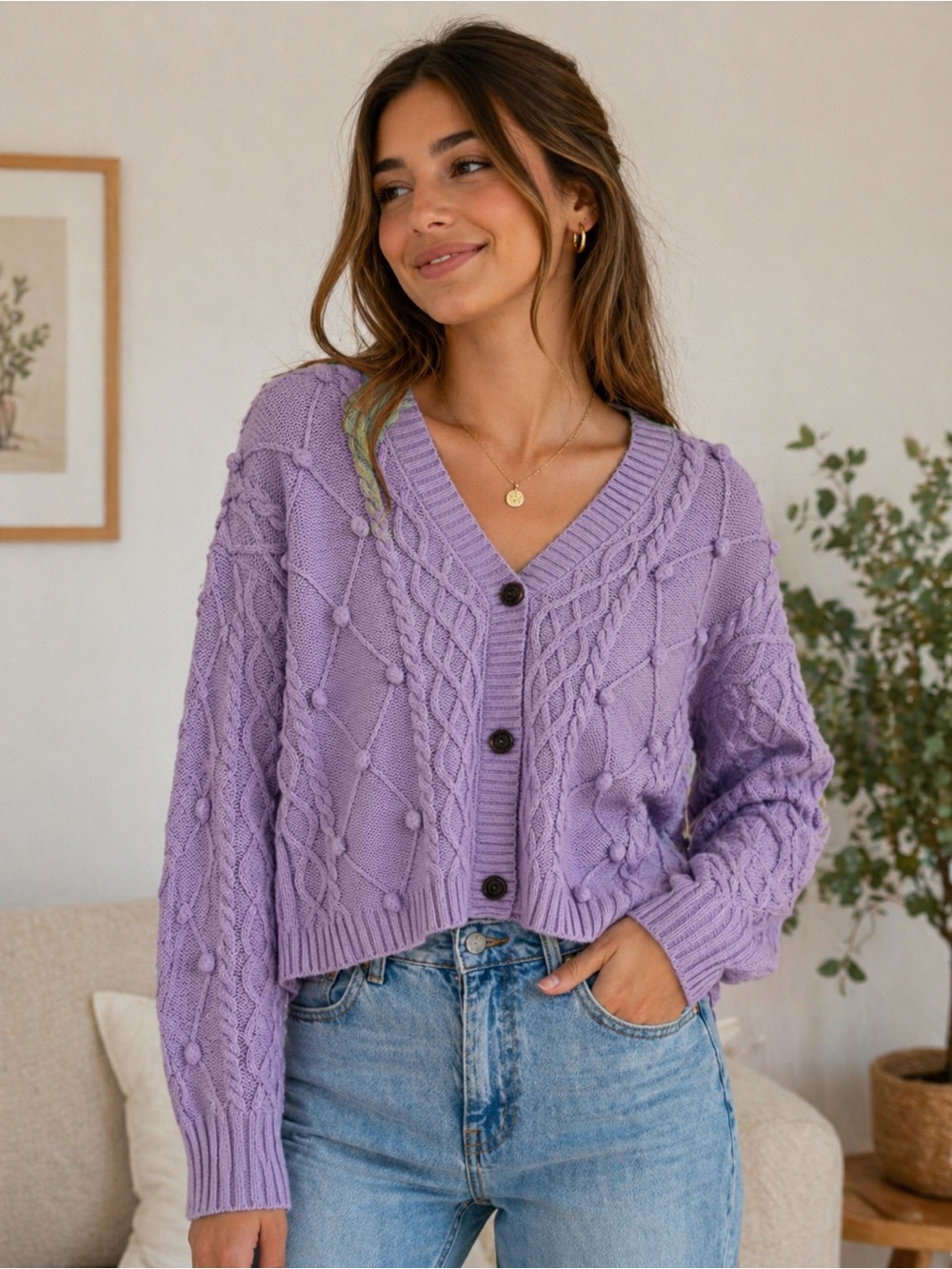 Women's Lavender Cable Bobble V-Neck Button Cardigan